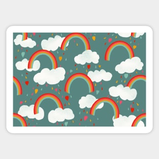 Clouds, rainbows and love hearts on a teal background Sticker